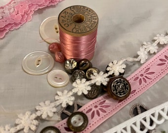 Pink Slow Stitch Kit:  Textile supplies for Inspiration including fabric, trim, buttons, hanky, silk thread, quilt remnant