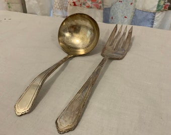 2 Vintage serving pieces, matching ladle and serving fork, Cromwell Silver Plate, Wallco AI, some tarnish and patina