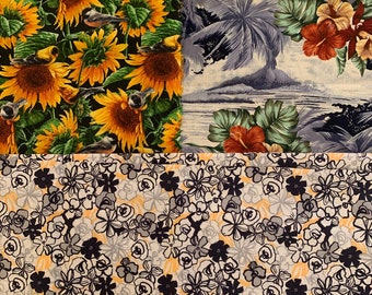 Birds, Sunflowers, Tropical Flowers, Abstract Nature Fabric Remnants, 3 patterns, various sizes, 10+ ounces