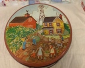 Vintage Down on the Farm Tin with Lid, barn, farmhouse, windmill, corn field, people, children, goat, fence, sky, clouds, trees