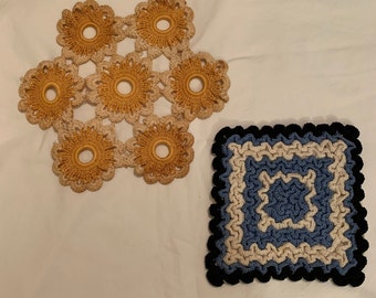 2 Vintage crocheted pot holders, white blue black square, gold cream flowered potholders - handmade -  crochet handiwork, variegated thread