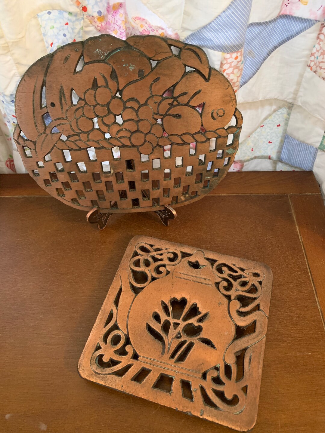 2 Vintage Copper Trivets Teapot and Fruit Basket With Hangers Etsy