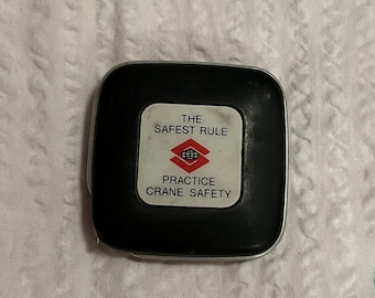 Vintage Tape Measure -- The Safest Rule, Practice Crane Safety, White metal tape 8 feet, Retractable, plastic case, Barlow Made in U.S.A.