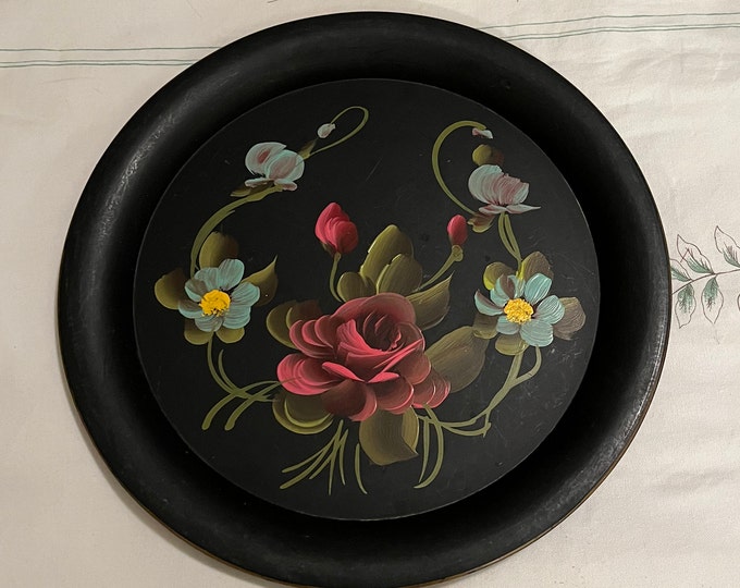 Vintage Black Tray With Lovely Hand Painted Flowers Round Tray With