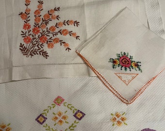 3 Vintage Linens with Embroidery, Mix and Match Assortment of small linens, flowers, embellishments, delicate edging