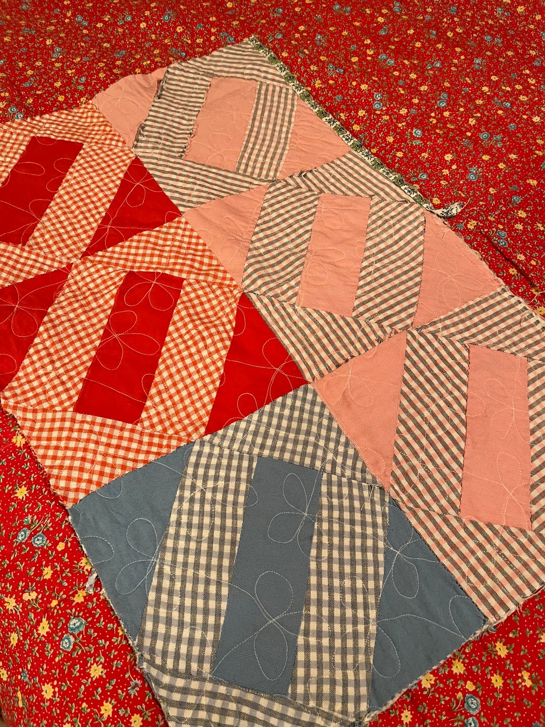 Vintage Quilt Blocks 6 Attached Blocks Light Blue Pink Etsy