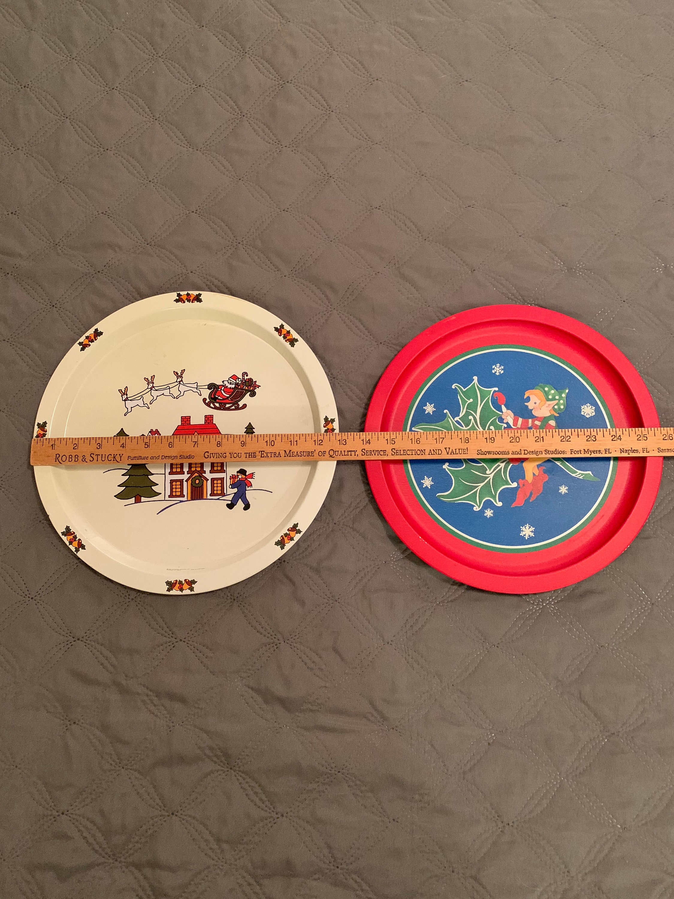 2 Vintage Christmas Trays round metal trays red with Elf on Etsy