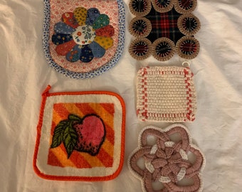 5 Retro Potholders, Quilt block with denim jeans pocket, retro fruit, plaid and tan, woven white and red, mauve and white overlapping