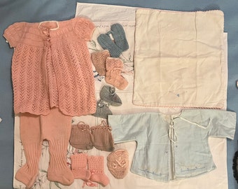 Vintage Baby / Doll Clothes:  Sweater, Pants, mittens, booties, burp pad, Handmade, Crochet Knit Needlework, Pink Blue White