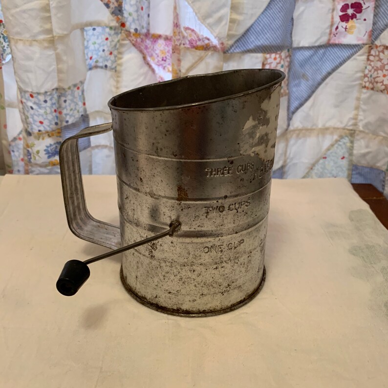 Vintage Flour Sifter Metal With Handle Crank Black Plastic Etsy