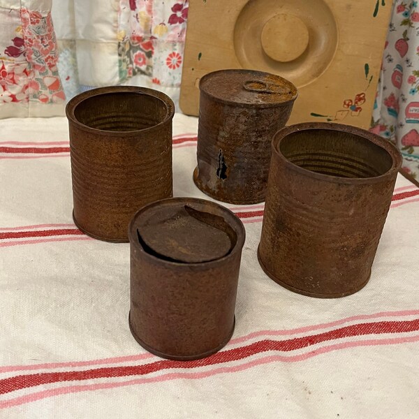 4 Rusty Metal Tin Cans * small cans, rusted & great for art, crafts, Rustic Western, Old West home decor