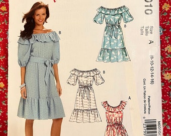 Uncut McCall's Misses' Dress and Sash Pattern M6010, 2010 Misses' Size A:  8 10 12 14 16, loose-fitting dress, below knee, neck ruffle