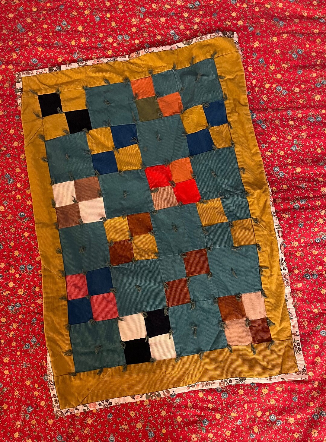 Vintage Doll Quilt, Small Handmade Pieced Patchwork Corduroy Blocks