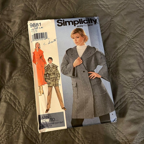 Vintage Coat and Jacket Pattern -- Simplicity 9881 -- Misses' Wrap Coat in Two Lengths or Jacket, Size BB: L, XL, 2001, Uncut, like new