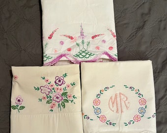 3 Cutter Vintage Pillowcases, Hand Embroidered Pillowslips:  Mr., purple and pink flowers, damaged with holes, thread missing