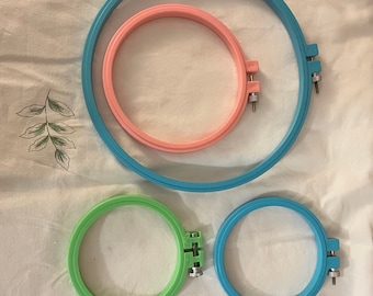 4 Colorful Round Embroidery Hoops / Frames, blue 8", pink 5", green and blue 4", plastic with metal screws, needlework, quilting, sewing