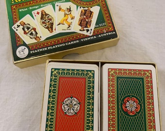 Vintage Tudor Rose Playing Cards, 2 decks, Whist, Bridge, Rummy, Canasta, Piatnik, Vienna, Austria, historical figures on King Queen Jack