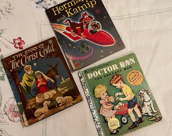 3 Vintage Kids' Books:  The Story of the Christ Child, Herman and Katnip, Doctor Dan the Bandage Man, from 1950s and 1960s