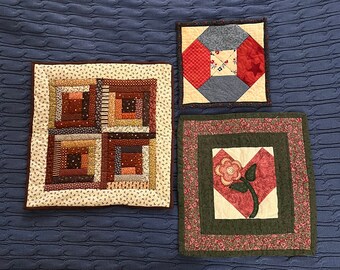 3 Vintage Patchwork / Quilt Table Toppers or Wall Hangings, flowered print, calico fabric pieced, lovely handiwork