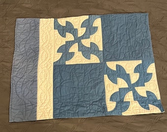 Vintage Hand Quilted Blue & White Quilt Piece, Drunkard's Path, 4 blocks, border, Handmade Fabric Pieced Patchwork, slow stitch, 19 X 25"