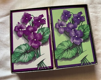 Vintage Wild Violet Flowers Playing Cards, 2 decks: lovely purple flowers, Russell Artcraft, fun jokers "Between You and Me and Queenie"