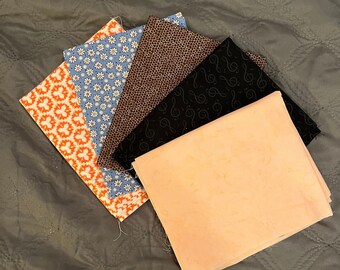 5 Assorted Print Fabric Remnants, Quilt Scraps, Sewing, orange white, blue w/ white flowers, brown white snakeskin, musical notes, pink