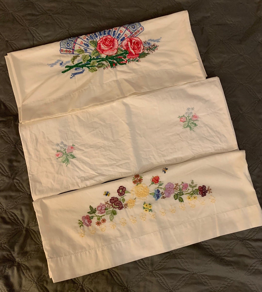 3 vintage hand embroidered pillowcases flowers fan mix and etsy