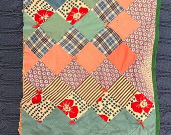 Cutter Quilt Block, patchwork squares, yarn tied, lovely feedsack print fabrics, pink, blue, green, Pieced Patchwork, about 12 X 13 inches