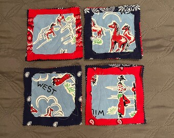 Cowboy / Western Prim Mug Rugs, Primitive Quilted Coasters, layered hanky fabric, light blue retro fabric with cowboys, horses