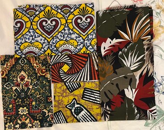 Half Pound of Bold Fabric Remnants * 5 pieces:  tribal prints, stripes, tropical flowers, hearts, abstract, 8 ounces, various sizes