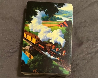 Retro deck of playing cards with train, steam engine, farm, river, bridge, trees * gorgeous colors, lovely cards