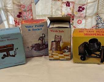 Vintage Die Cast Pencil Sharpeners, Miniatures:  choose from Bar-B-Q, Water Pump & Bucket, Cement Mixer