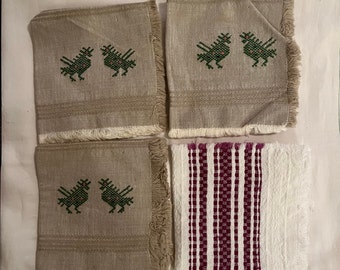 4 Vintage Napkins, 3 brown with green embroidered birds, 1 white with maroon stripes, fringed, about 11 X 12 inches