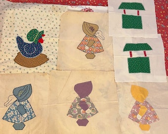 7 Vintage Sunbonnet Girl, Chicken, and Wishing Well Panels * Patchwork Applique to be finished for quilt, pillows, wall hangings