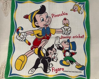 Pinocchio Hanky, Sweet vintage handkerchief with Pinocchio, Jiminy Cricket, Figaro the cat, 8-1/4 inches square