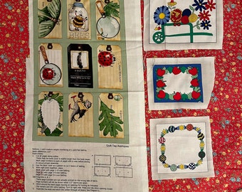 12 Tags for quilts, sewing projects:  bees, birds, leaf, lady bug, acorn, beads, apples, flower cart, Quilting Treasures