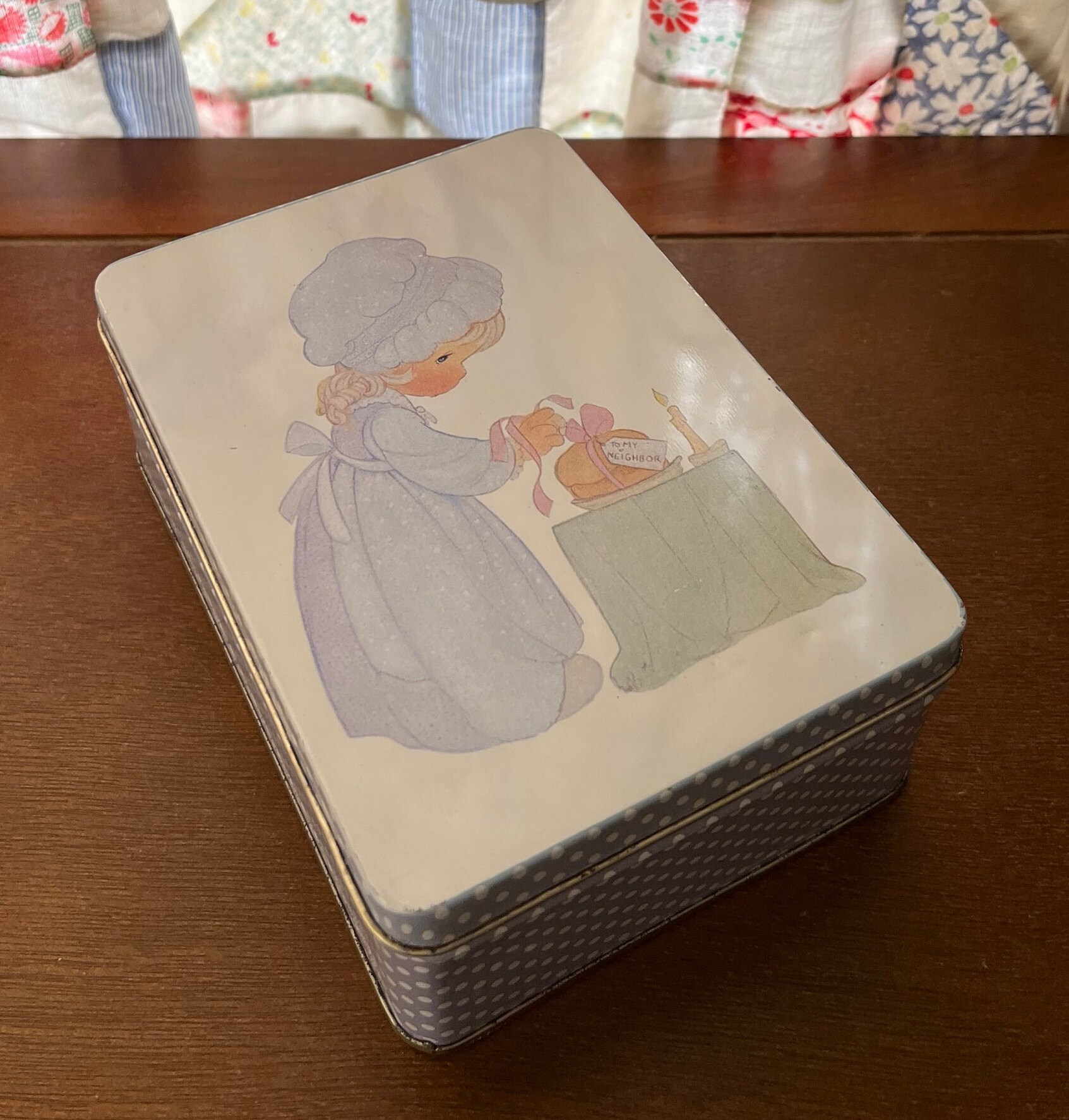 Vintage Precious Moments Tin, Girl Tying Bow on Loaf of Bread, to