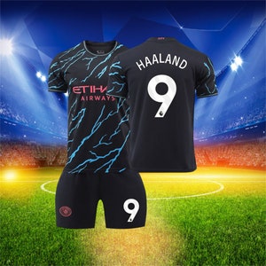 Manchester City Away Soccer Jersey Set, #9 Bruyne Haaland Jersey, Soccer Jersey & Shorts Set, Size For Adults And Children's