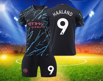 Manchester City Away Soccer Jersey Set, #9 Bruyne Haaland Jersey, Soccer Jersey & Shorts Set, Size For Adults And Children's