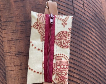 Burgundy and Tan Medallion Lip Balm Holder Zipper Pouch