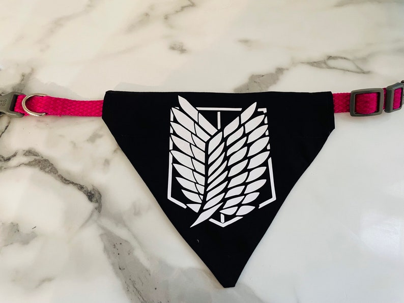 May include: Black dog bandana with a white winged symbol, attached to a pink collar.