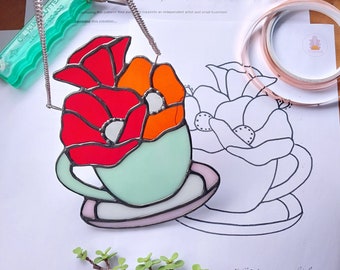 Stained Glass Teacup Suncatcher Pattern, Poppy Flowers (Digital Download)