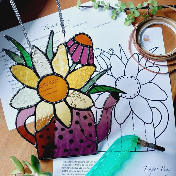 Hobby license, Digital download pattern diy suncatcher stained glass of a teapot with flowers.