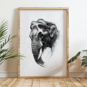 Elefantenkopf Kohle Skizze Wandkunst, Asiatisches Mammut Gesicht Bleistift Zeichnung Druck, Rüssel Illustration Wohnkultur, Wild Safari Tier Poster