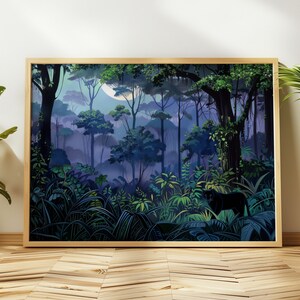 Könnte beinhalten: Eine gerahmte Illustration einer dunklen Dschungelszene mit einem schwarzen Panther, der durch das Blätterwerk geht. Die Szene spielt nachts mit einem Vollmond am Himmel. Die Farben sind hauptsächlich dunkelgrün und blau.