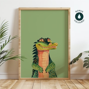 Arte de parede da galeria Crocodile Boho, ilustração caprichosa de jacaré, decoração para casa, impressão colorida de safári africano, pôster de retrato de animal selvagem
