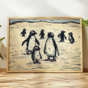 Dibujo a lápiz de pingüinos papúa para pared, dibujo a lápiz de una familia de aves marinas del Ártico, ilustración de animales bebés de invierno, póster para decoración del hogar