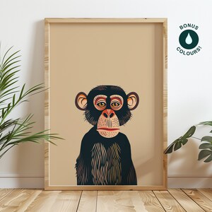 May include: A digital illustration of a chimpanzee with a tan background. The chimpanzee has black fur, a brown nose, and orange eyes. The illustration is framed in a light wood frame.