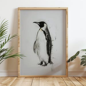 Impresión de dibujo de carbón de pingüino emperador, caprichoso arte de pared de ilustración de lápiz de aves marinas de invierno, lindo cartel de decoración del hogar de bocetos de animales árticos