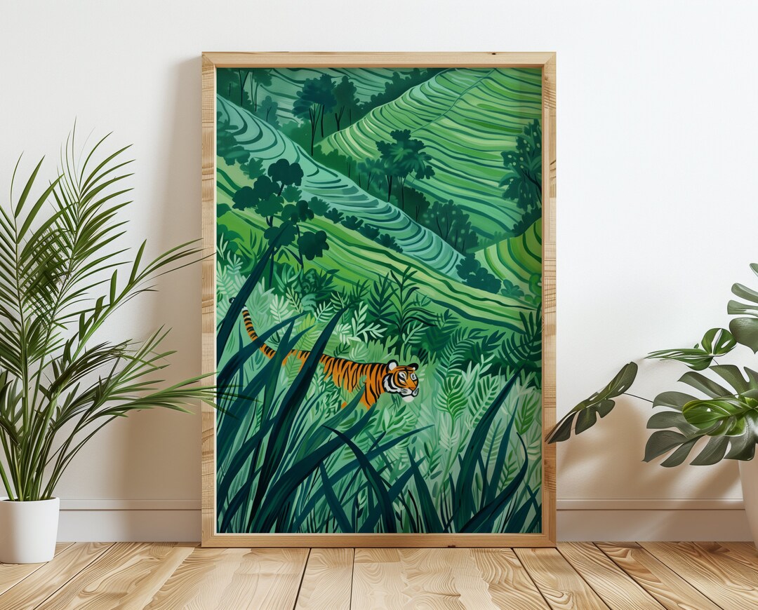 Asian Tiger Walking in Rice Fields Print, Boho Landscape Wall Art ...